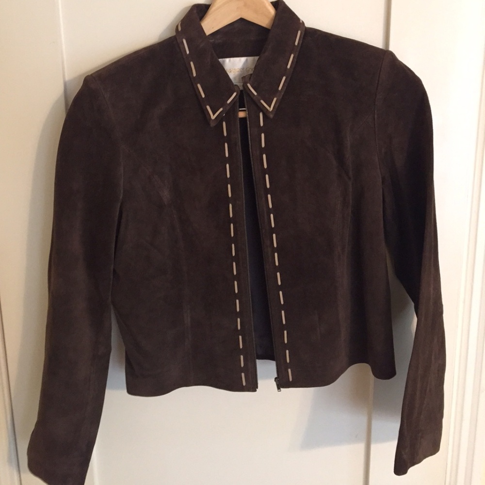 Chocolate suede jacket w/ tan thread detail